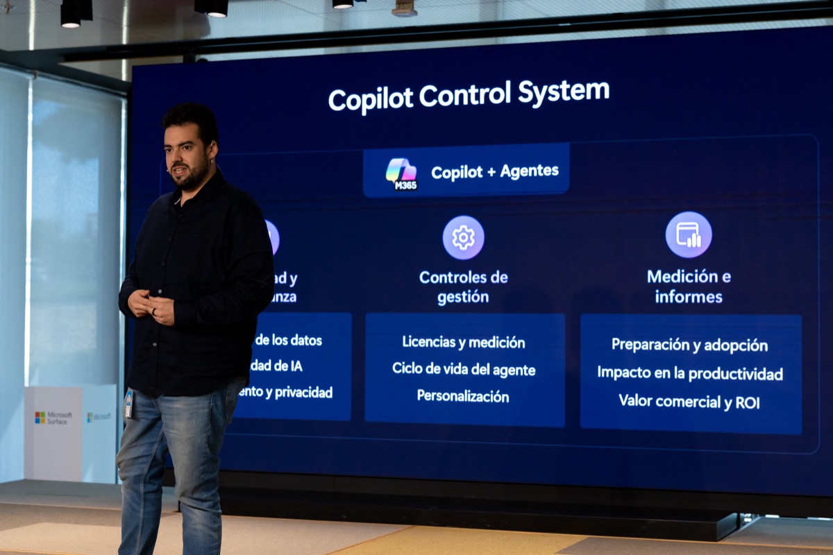 Alex presenting "Copilot Control System" at a Microsoft event.